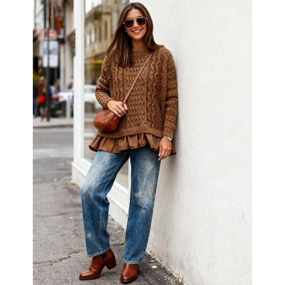 Women's Cable Knit Sweater Dress Ruffle Hem Mini Dresses Long Sleeves Brown - Picture 4 of 6